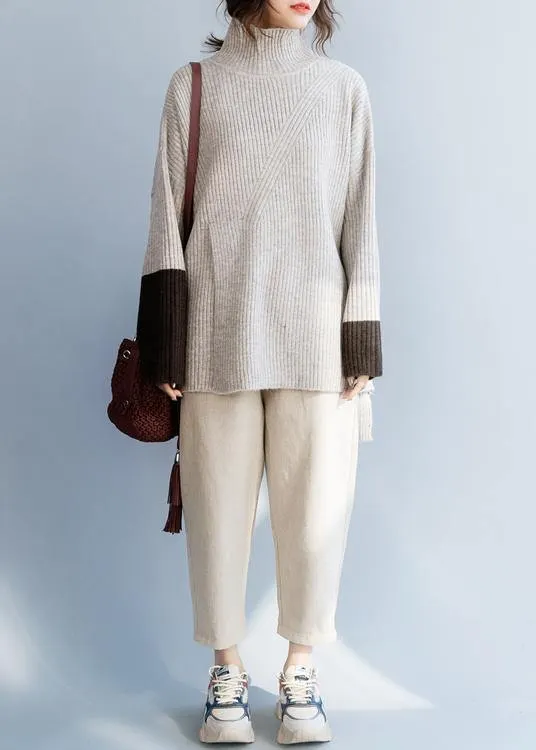 For Spring beige knitted top plus size high neck knit wear front open