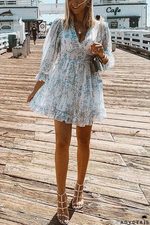 Print V Neck Backless Mini Dress