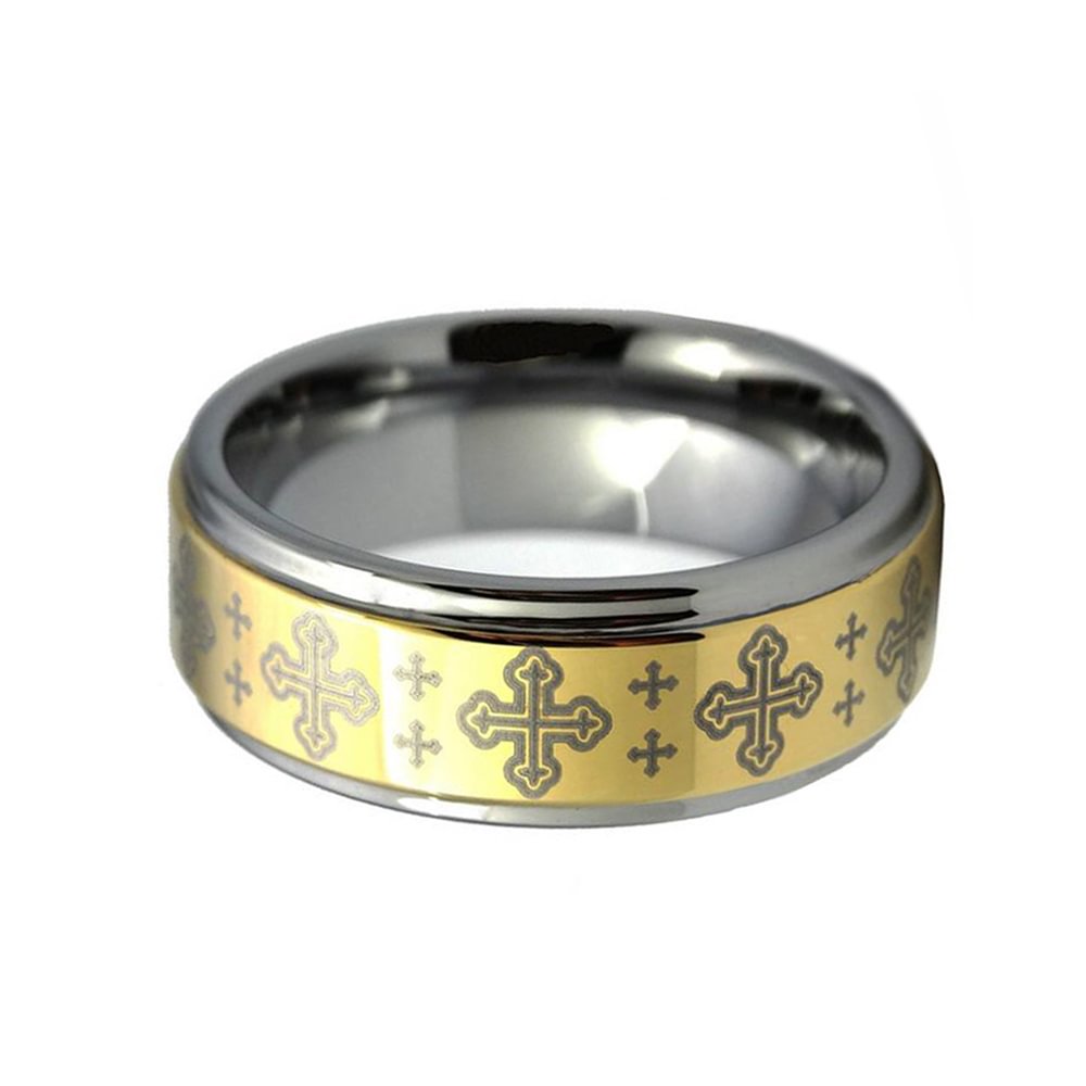 8MM Gold Plated Cross Laser Tungsten Carbide Rings Step Edge Mens Wedding Band
