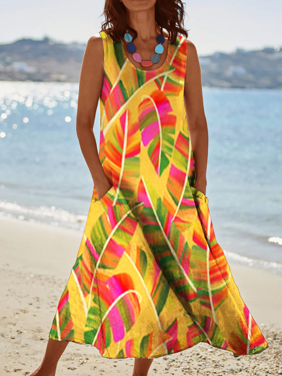 Women's Vintage Colorful Banana Leaf Pattern Round Neck Dress