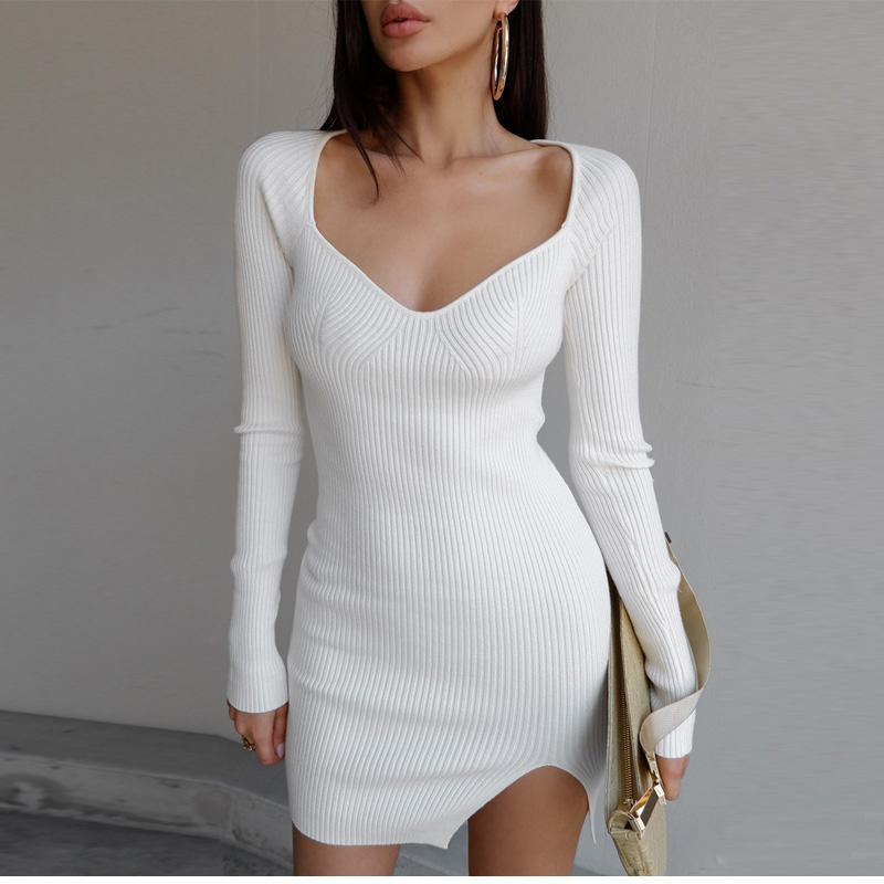 Ootddress Knit White Dress For Women Casual Long Sleeve Sweater Dress Female Slim Bodycon V-Neck Mini Dresses Spring 2025