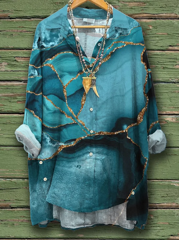 Women's Vintage Marble Pattern Print Casual Cotton And Linen Shirt