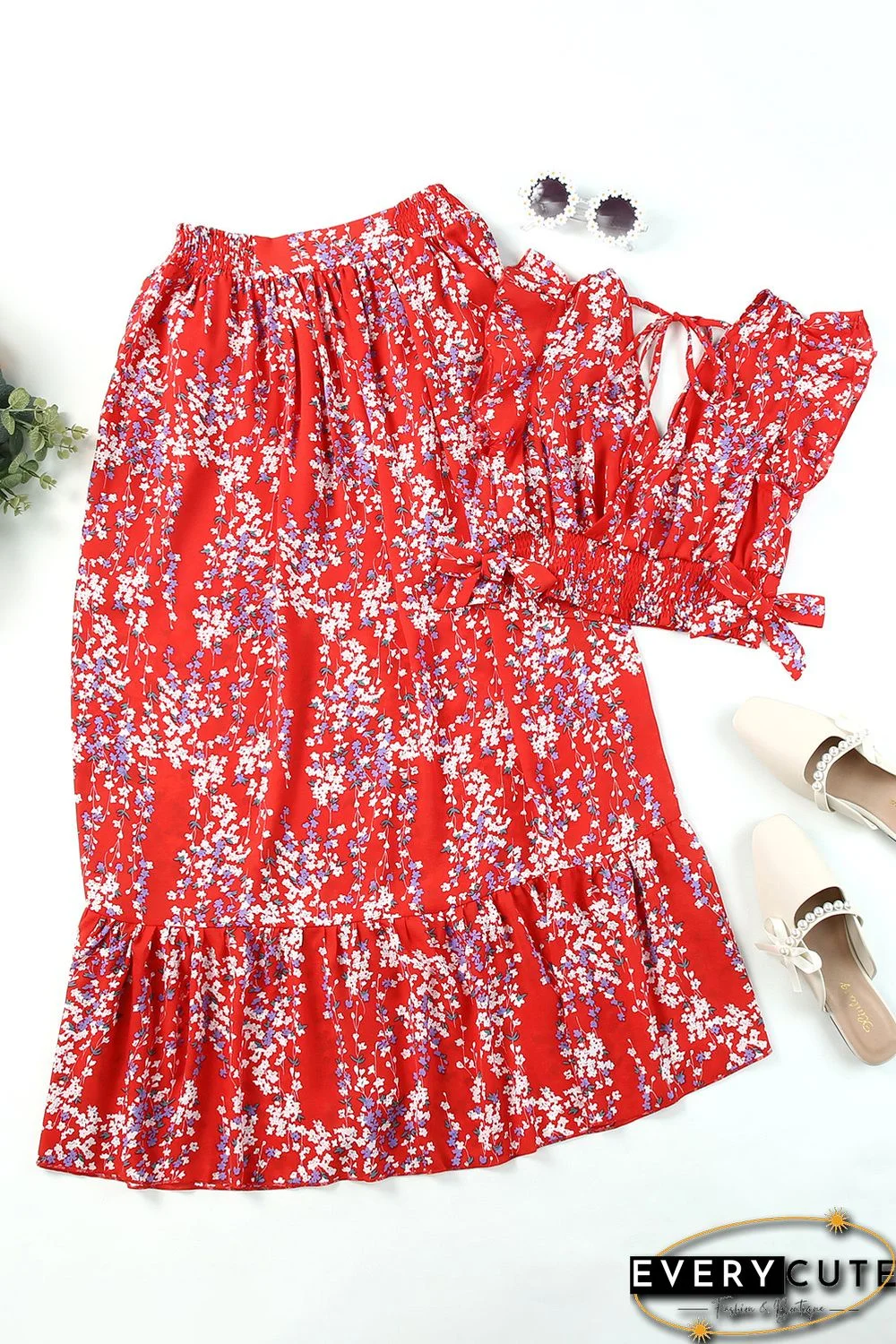 Red Multicolor Floral Ruffled Crop Top and Maxi Skirt Set