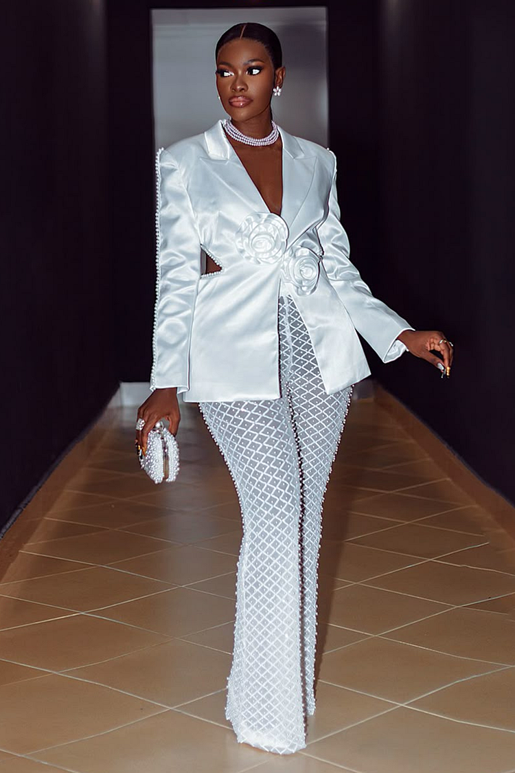 Peak Lapel Collar Satin Cut Out Top Mesh Pants 2pcs Set-White [Pre Order]