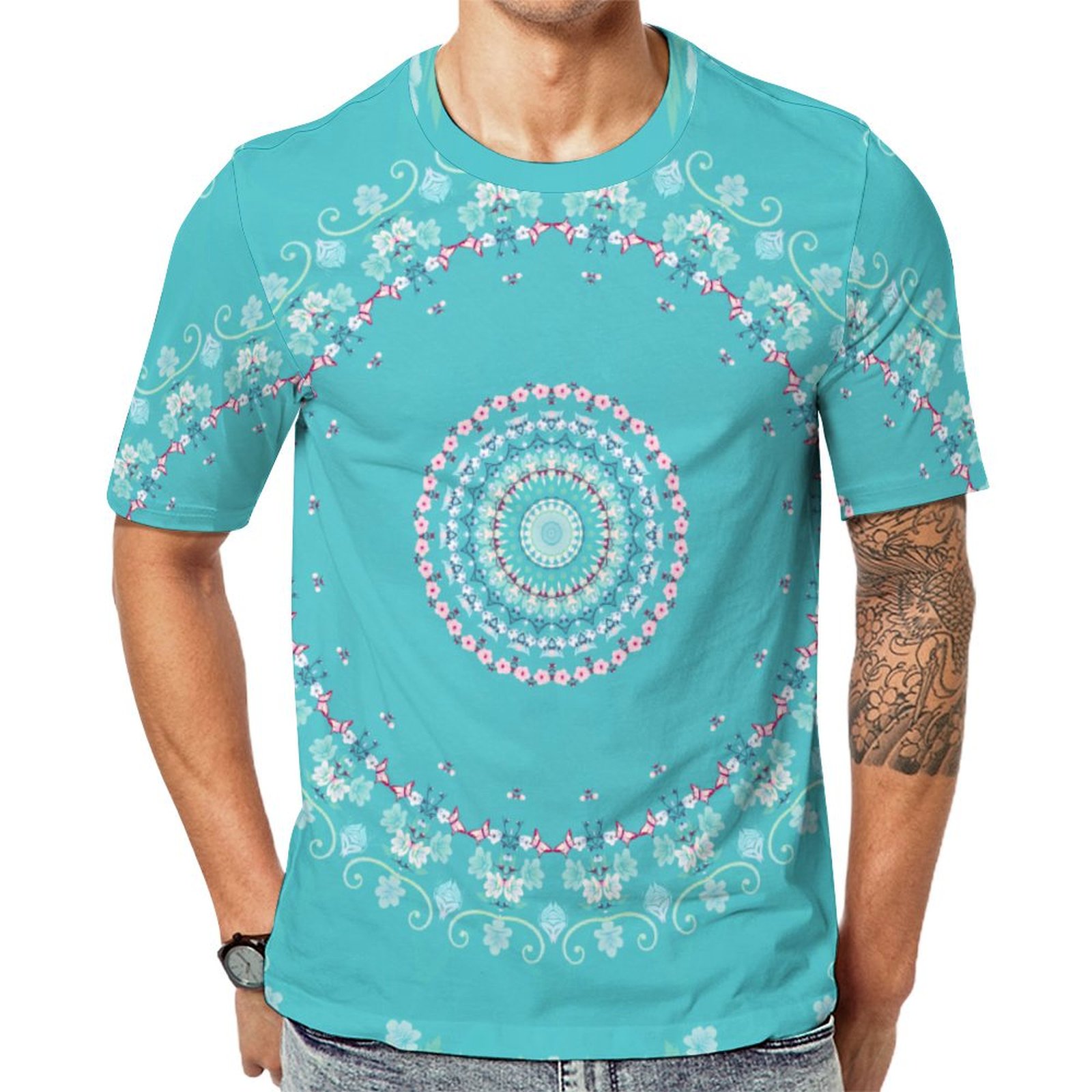 Floral Turquoise Pink Mandala Short Sleeve Print Unisex Tshirt Summer Casual Tees for Men and Women Coolcoshirts