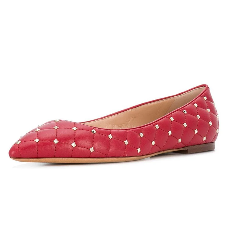 Red Quilted Comfortable Flats with Pointy Toe and Studs Vdcoo
