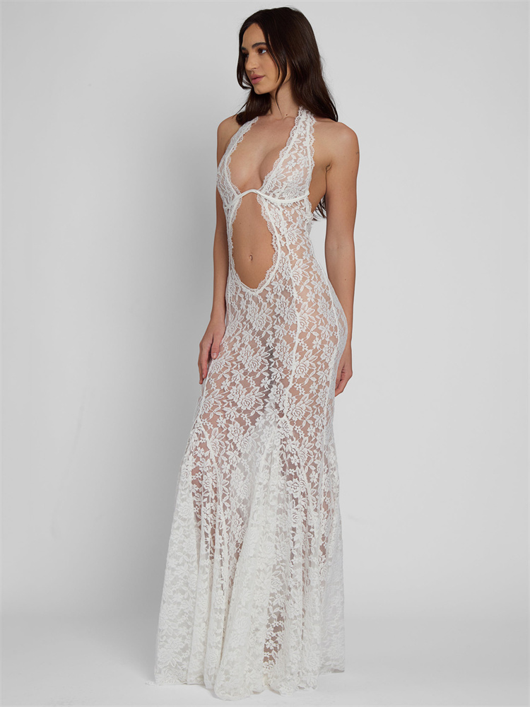  Hollow Out Lace Sexy Long Dress For Women See-Through Sleeveless Backless Fashion Printed Party Dress Summer Maxi Dress