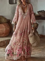 Vintage Boho Pink Roses Embroidered Flowy Linen Maxi Dress