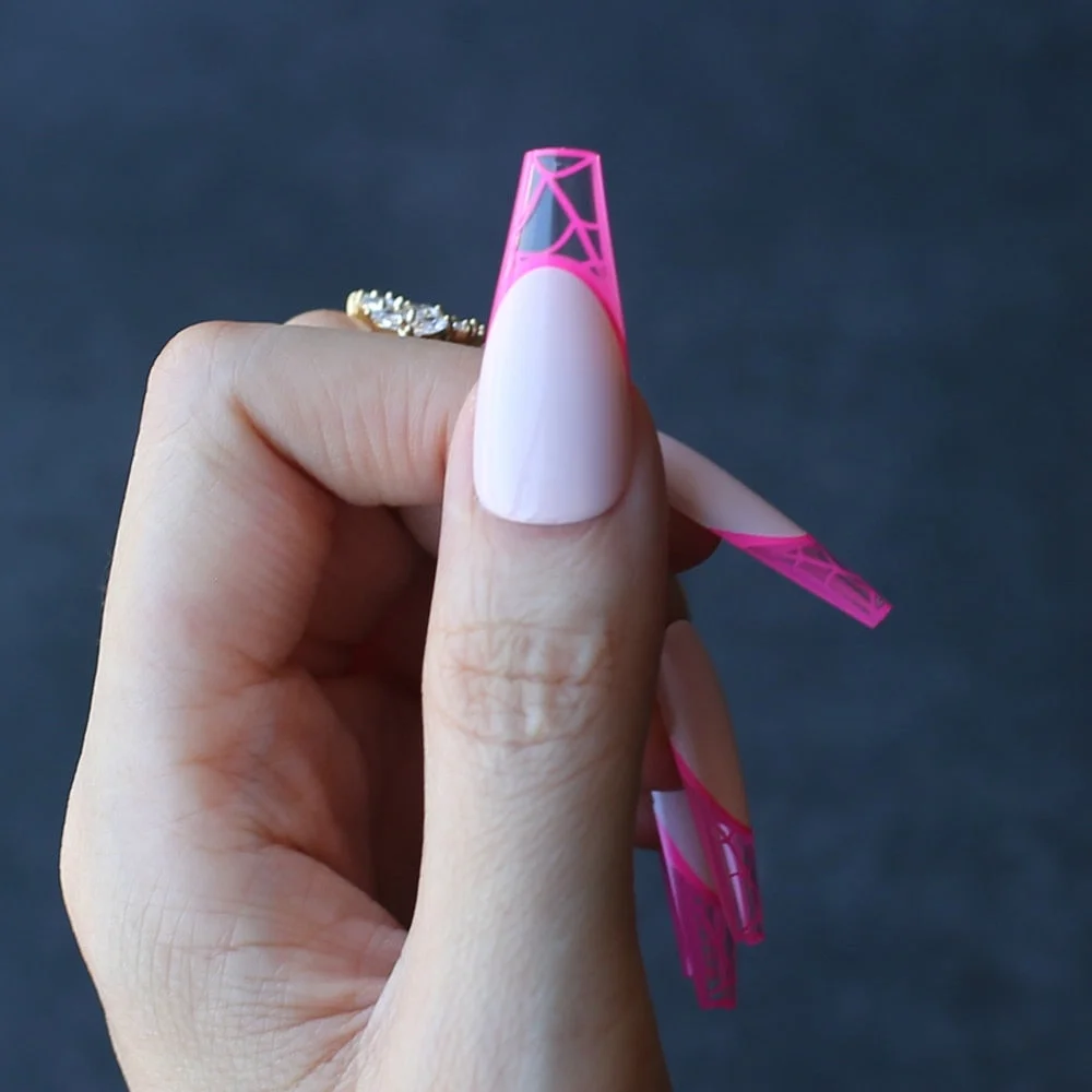 Nude clear artificial coffin fake nails Pink French Spider web extra Gel fasle nails Ballet Art nails 24pcs-Nail Inspo