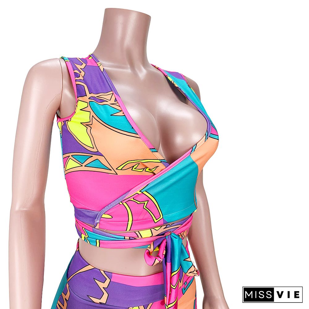 Women Streetwear Fashion Summer Print Bandage Crop Top Mini Skirt Party Clubwear Two Piece Set