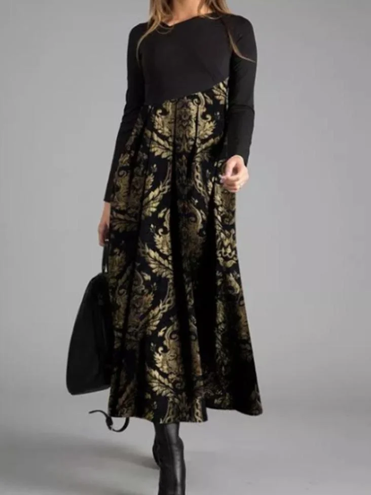 Women's Printed V-neck Long Sleeve Maxi Dress