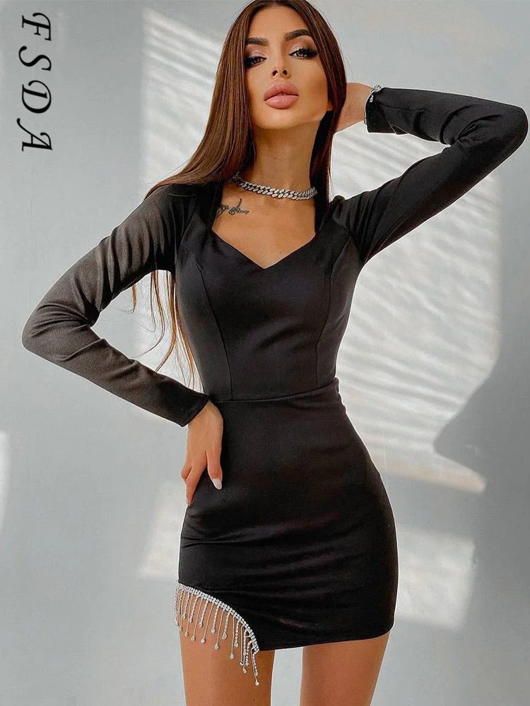 FSDA 2021 Diamond Tassel Women Dresses Party Black Long Sleeve Mini Club Autumn Winter V Neck Sexy Dresses Bodycon Elegant