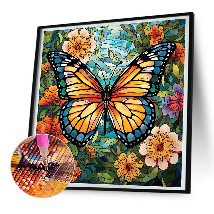 Stained Glass Blue Butterfly-Partial AB Round Diamond Painting-45*40CM