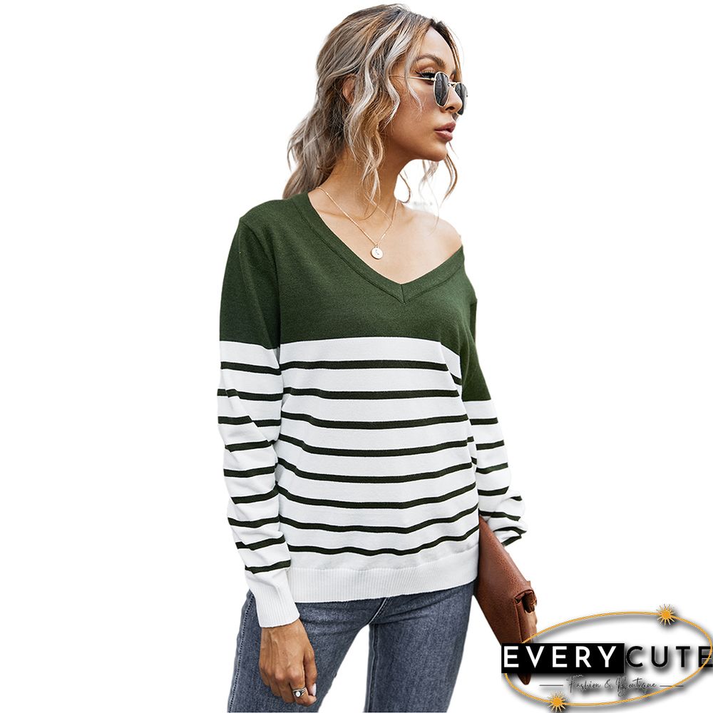 Army Green Splice Stripe Print V Neck Sweater