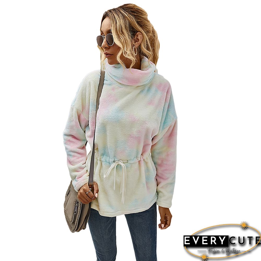 Light Pink Cowl Neck Tie Dye Print Hoodie