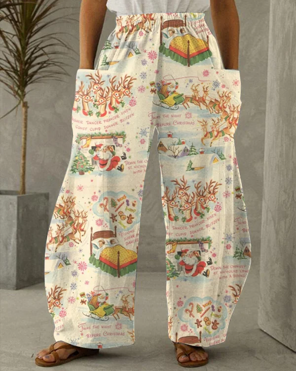 Retro Christmas Print Loose Wide Leg Pants