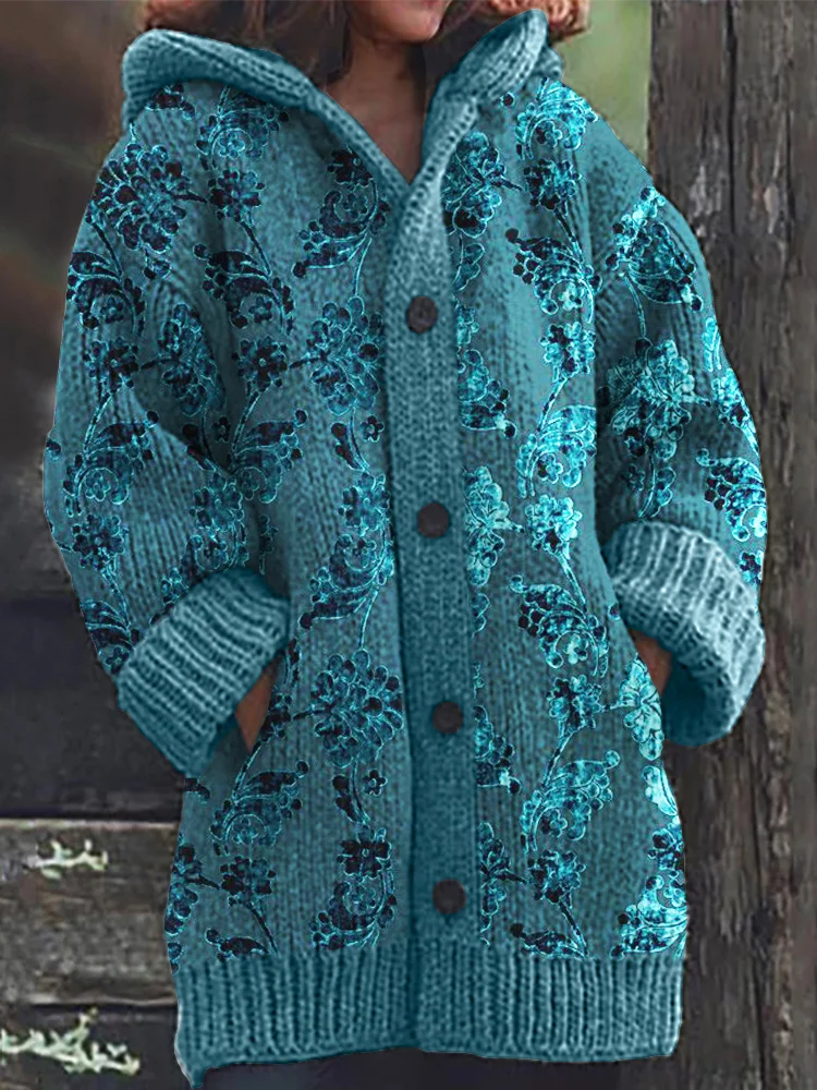 VChics Turquoise Floral Velvet Art Cozy Hooded Cardigan