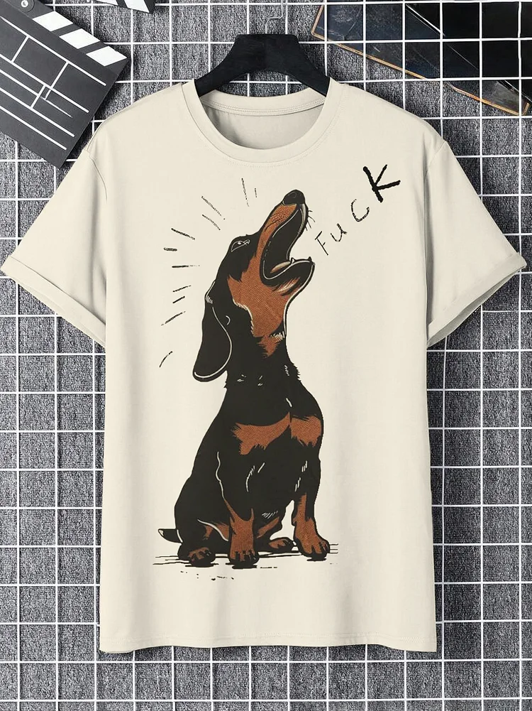 100% Cotton Men's Dachshund Dog Bark Art Print Cotton Casual T-Shirt