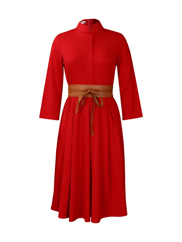 New Solid Color Temperament Elegant Fashion Tongle High Waist Belt Big Yards Nine-minute Sleeve Stand-up Collar Dresses