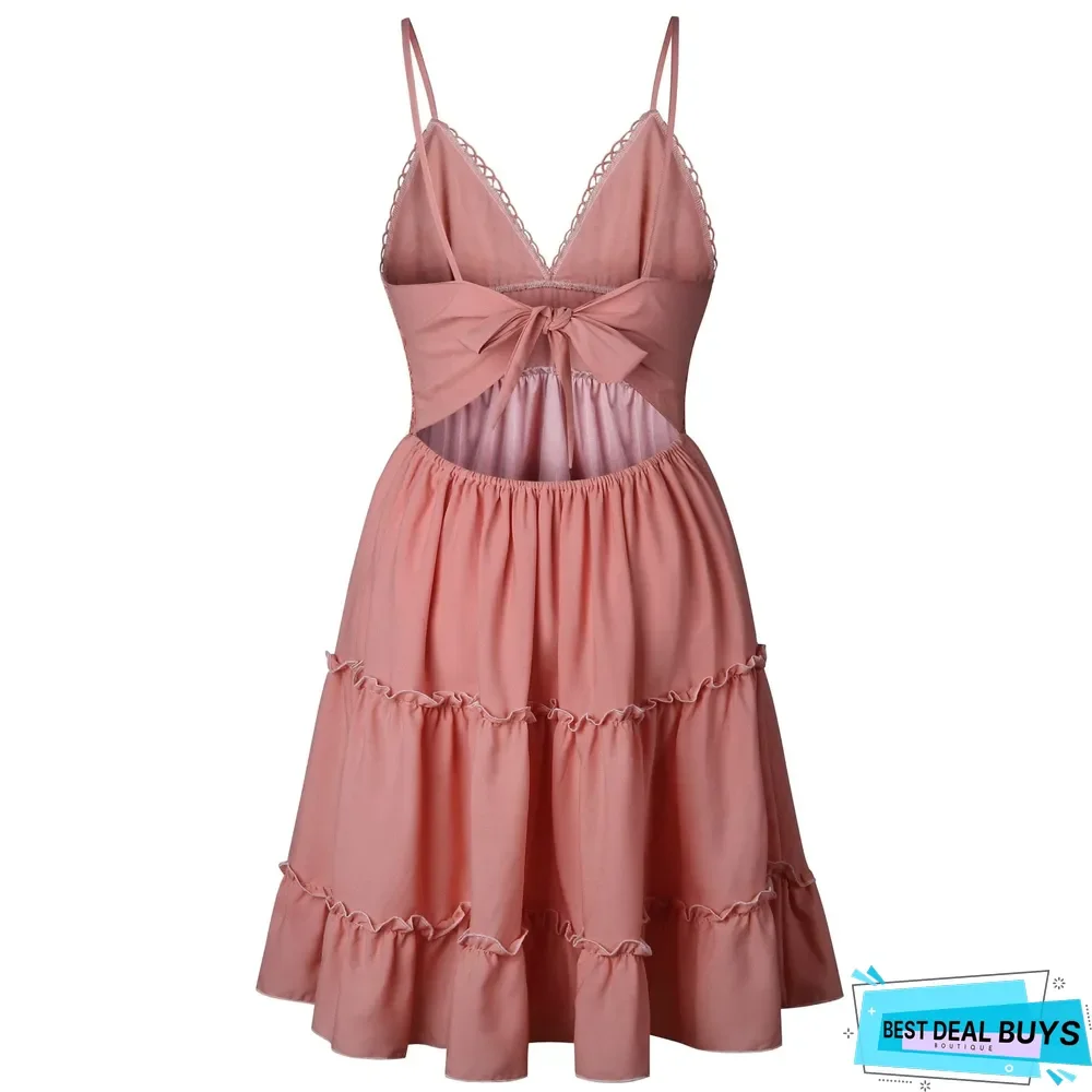 Women Lace Sexy Backless V-Neck Beach Dresses Sleeveless Mini Sundress White Dresses