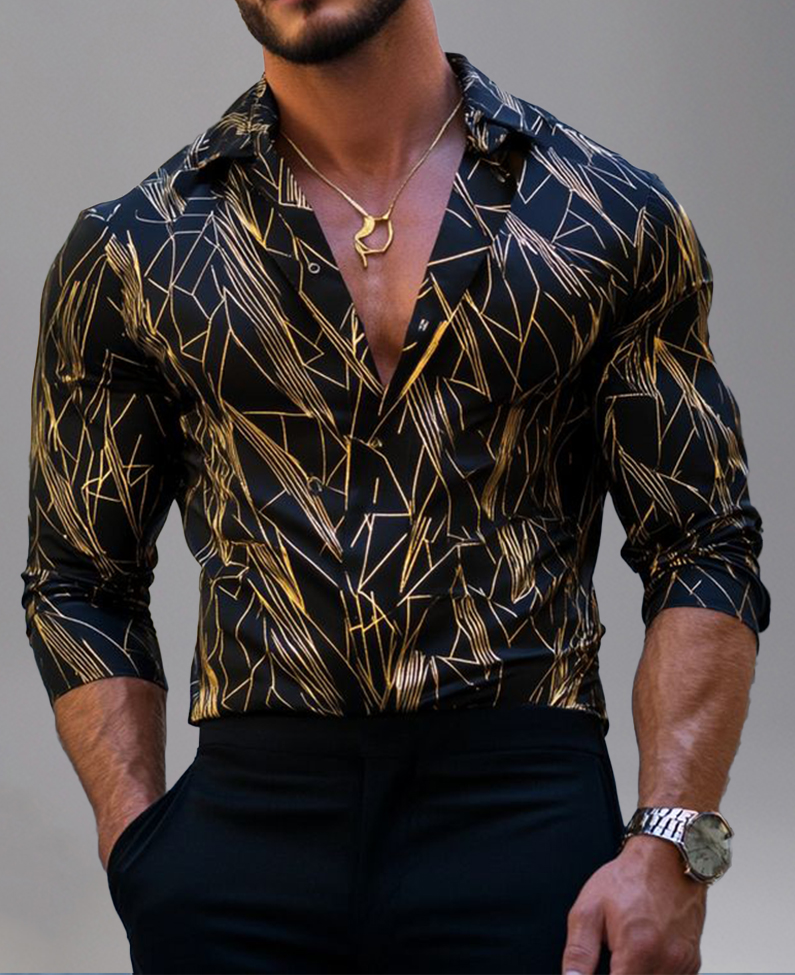 Casual Bronzing Pattern Turndown Collar Button Long Sleeve Shirt