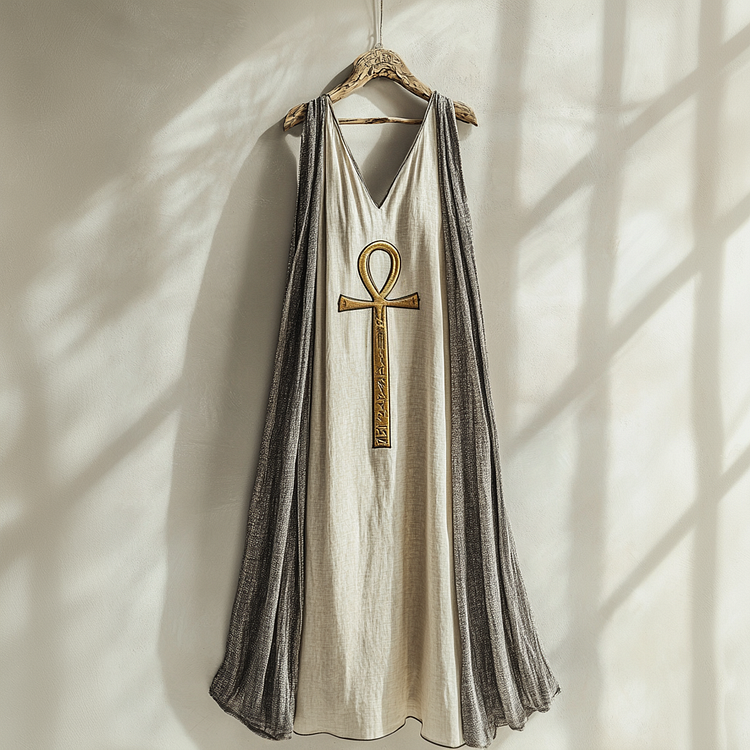 Simpfit Vintage Ägyptisches Ankh Besticktes Damen Leinen Maxikleid mit V-Ausschnitt