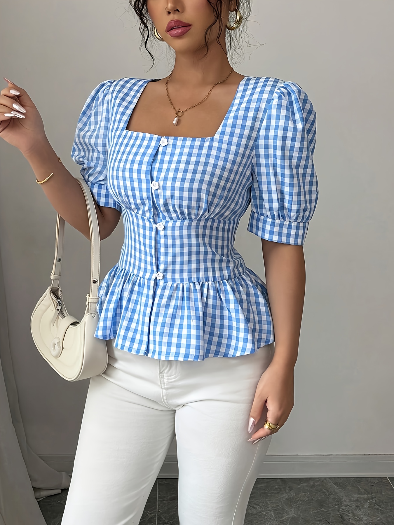 Women's Blue & White Gingham Checkered Square Neck Blouse With Puff Sleeve Ruffles - Lightweight Machine-Washable Spring Summer Casual Elegant Shirt, Casual Attire, Structured Design | IFYHOME