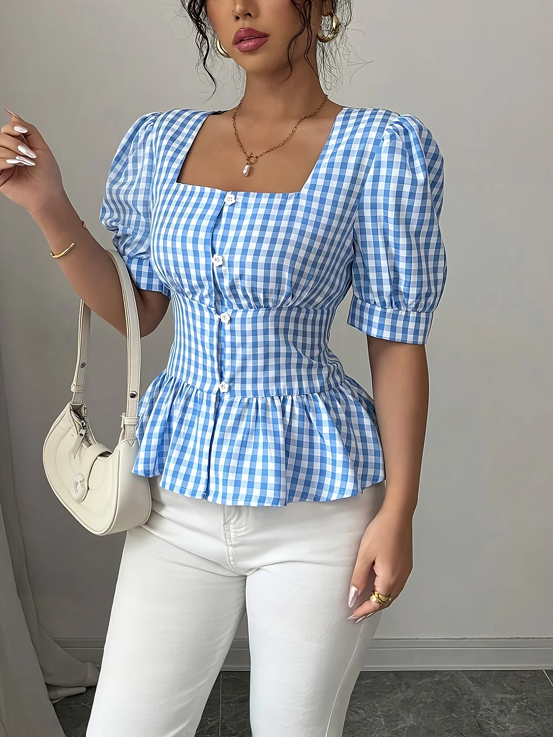 Women's Blue & White Gingham Checkered Square Neck Blouse With Puff Sleeve Ruffles - Lightweight Machine-Washable Spring Summer Casual Elegant Shirt, Casual Attire, Structured Design | IFYHOME