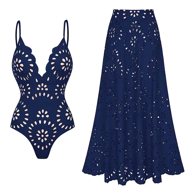 Black Laser Cutting Flower Hollow One Piece Swimsuit and Skirt