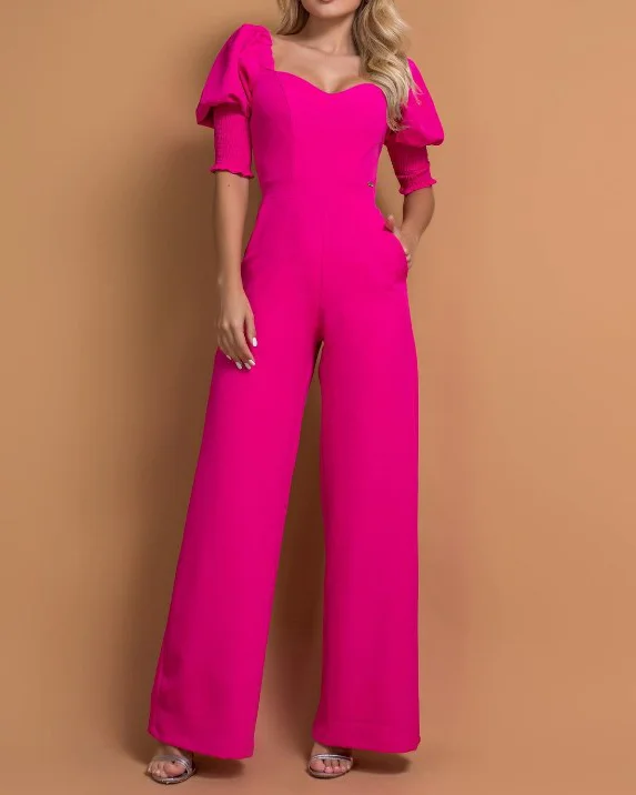 Puff sleeve solid color jumpsuit