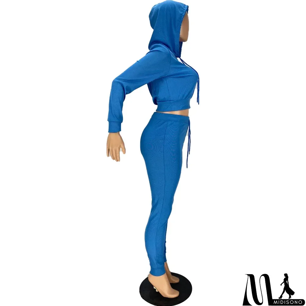 MidiSono - Autumn Knitted Solid Stretchy Hoodie Sweatpants Two Piece Set