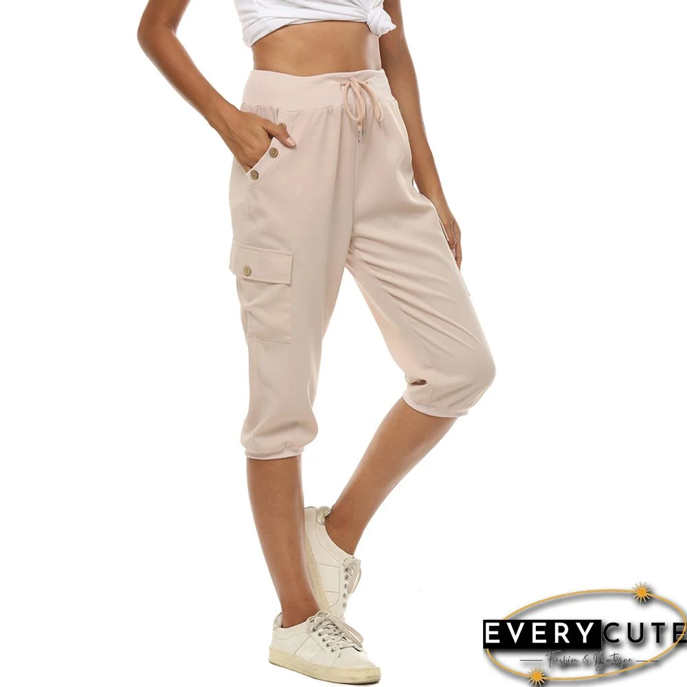 Apricot Solid Pocket Overall Casual Capri Pants