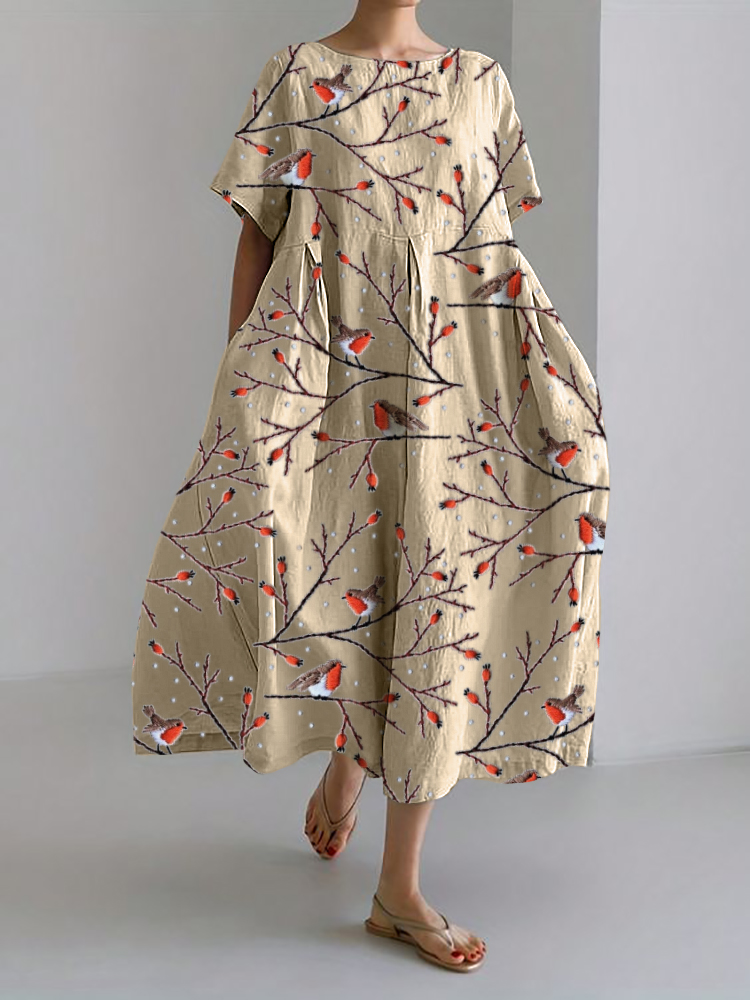 Birds on Branch Embroidery Pattern Linen Blend Maxi Dress