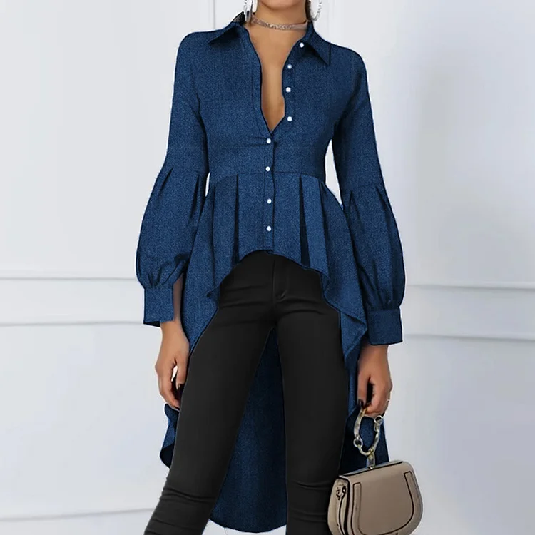 Ursime Denim Lantern Sleeve High Low Hem Long Blouse