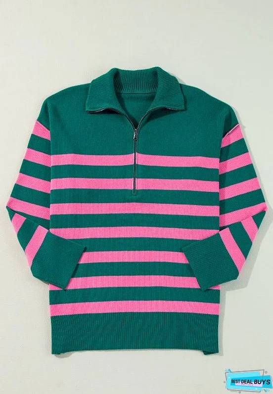 Contrast Striped Quarter Zip Long Sleeve Sweater