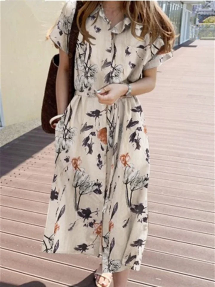 Summer New Casual Loose Type Stand-up Collar Short-sleeved Printed Shirt Dress Large Size Print Button Women-Mixcun