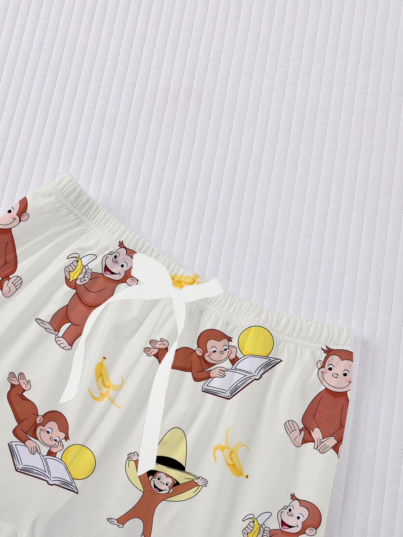 Curious George Women's Sleepwear Set, Loungewear, Matching, Short Sleeve & Long Shorts, Fitted, Comfortable Home Wear, Three-Piece Pajama Suit, Pjs