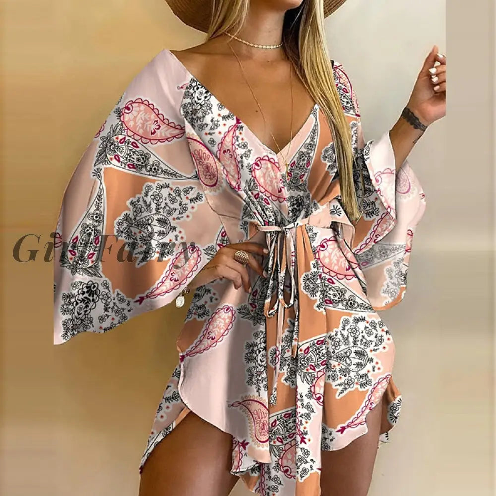 Girlfairy 2023 Women Elegant Dresses V Neck Lace-Up Floral Print Mini Dress Casual Flared Sleeves