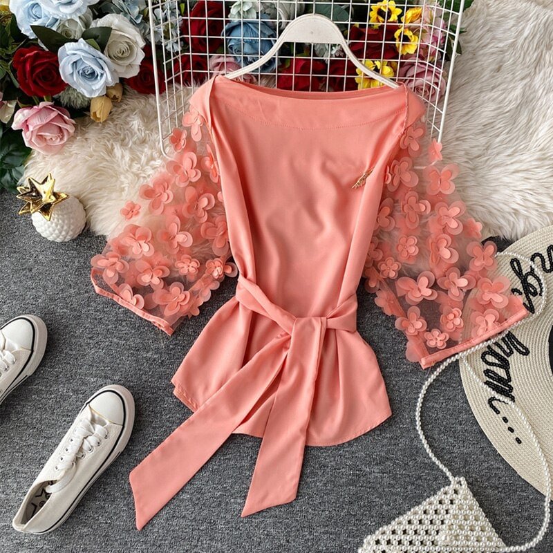 Appliques Slash Neck Women's Blouse Tops Mesh Splice Sashes Half Sleeve Female Blouse 2021 Summer Fashion Casual Elegant Ladies