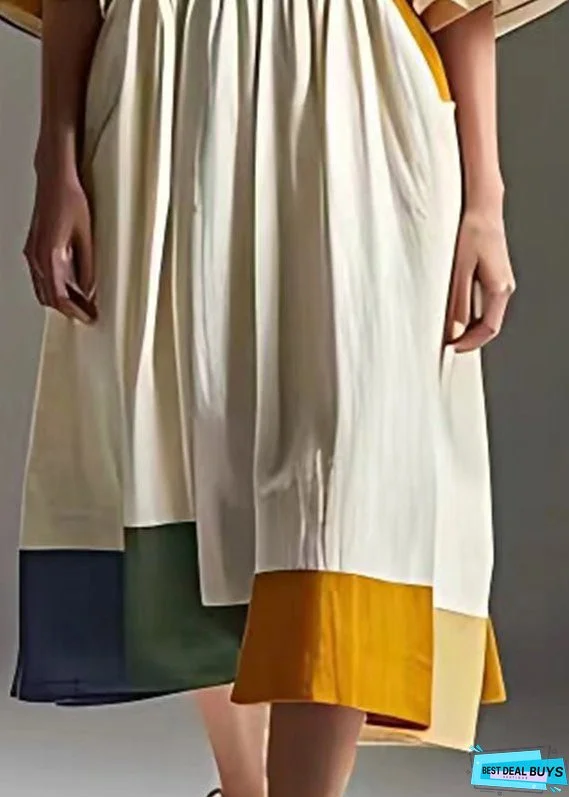 Women White Cinched Patchwork Cotton Vacation Dresses Summer