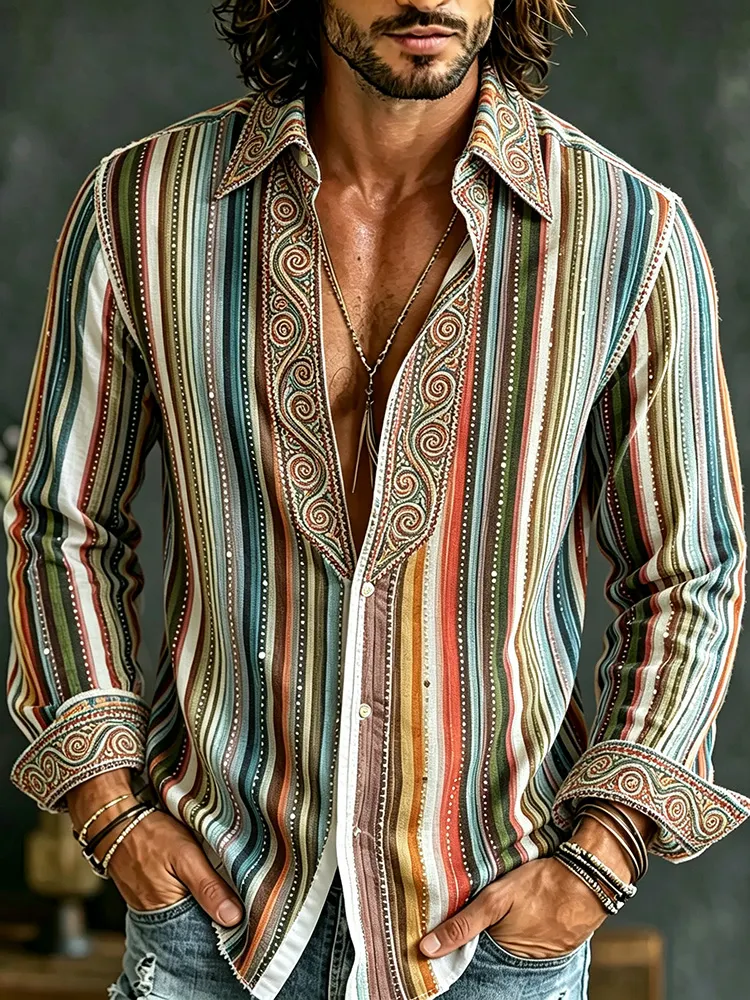Men's Hippie Colorful Striped Art Blend And Linen Long-sleeved Shirt