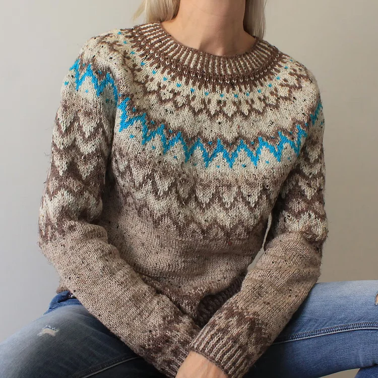 Comstylish Iceland Contrast Wave Jacquard Crew Neck Sweater