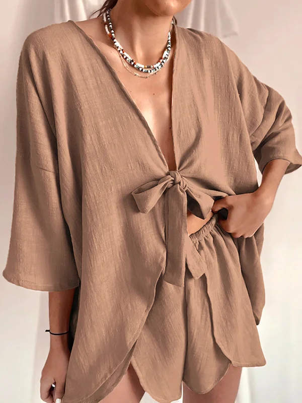 Half Sleeves Solid Color Tied V-Neck Shirts Top + High Waisted Elasticity Shorts Bottom Two Pieces Set