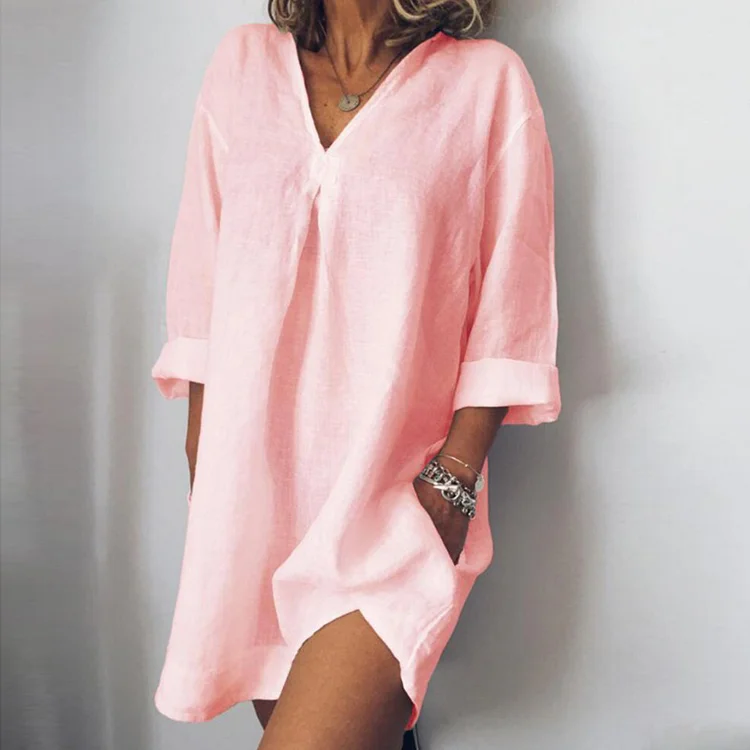 Casual Pocket V Neck 3/4 Sleeve Linen Dress