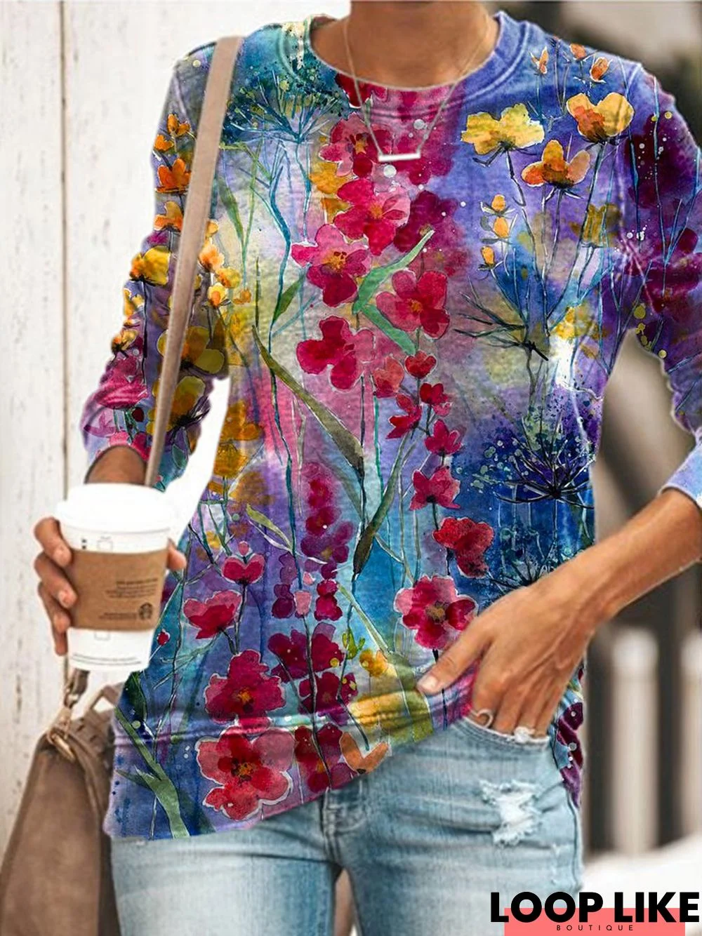 Women Colorful Flower Print Crew Neck Long Sleeve Tunic Shirt