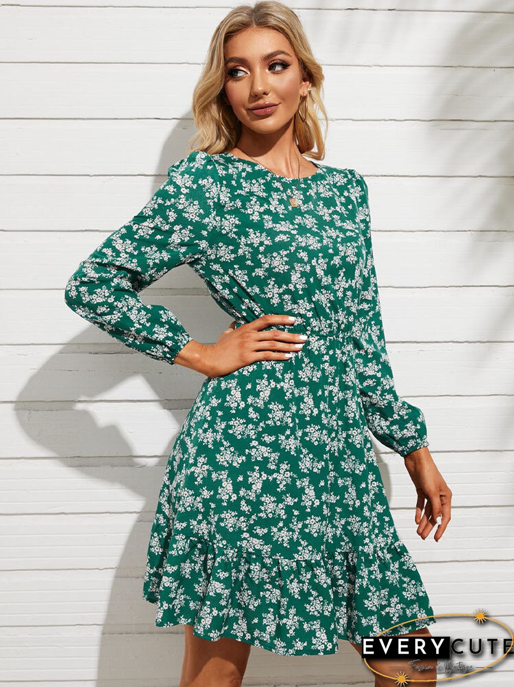 Floral Print Long Sleeve Elastic Waist Crew Neck Dress
