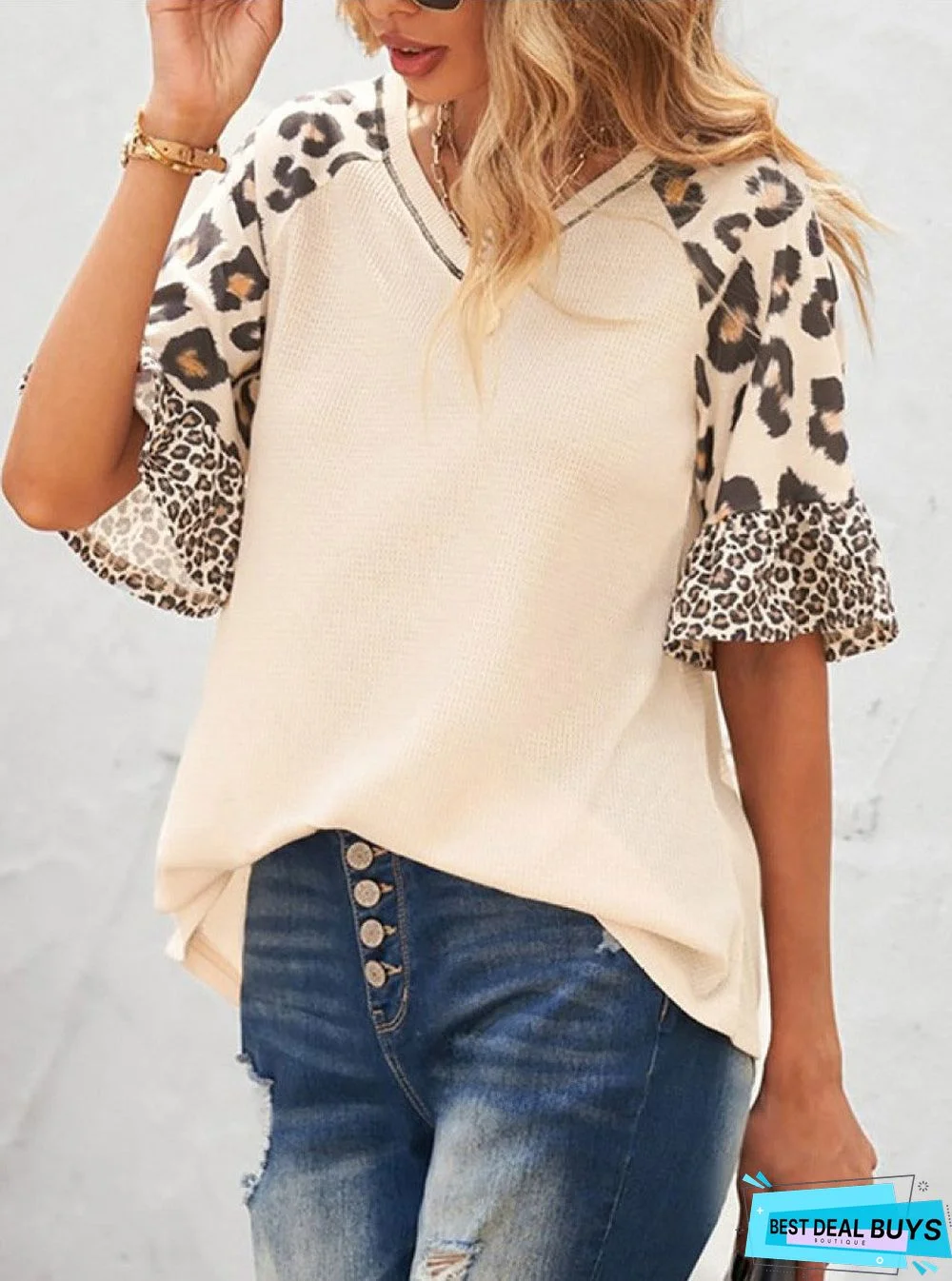 Women's Elegant Fashion Leopard-Print Patchwork Five-Quarter Sleeve T-Shirt