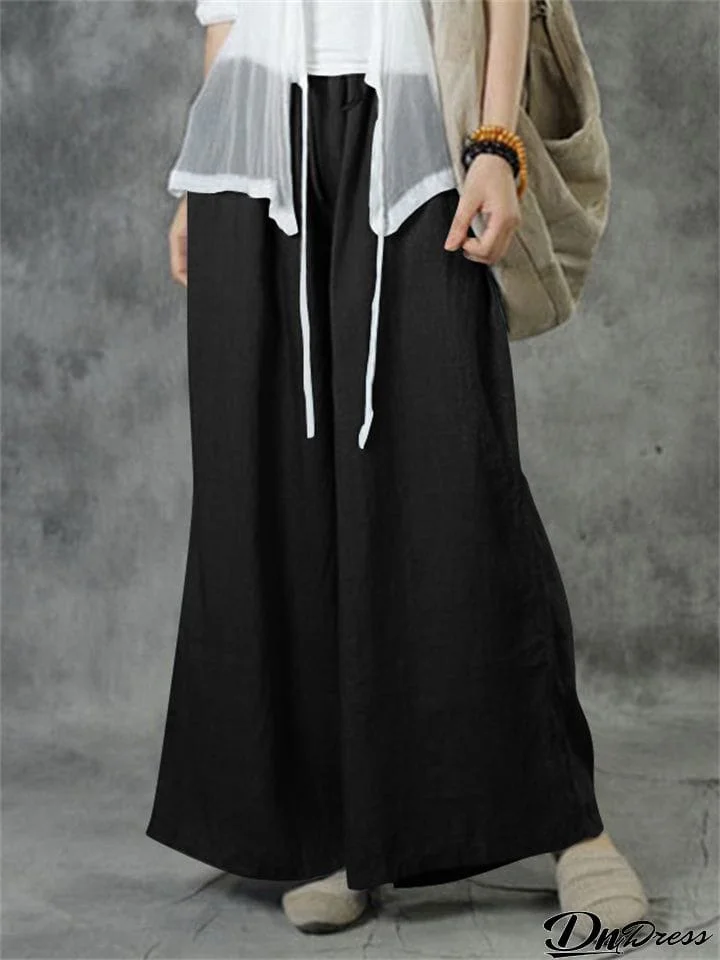 Female Casual Super Soft Cotton Linen Drawstring Wide Leg Pants