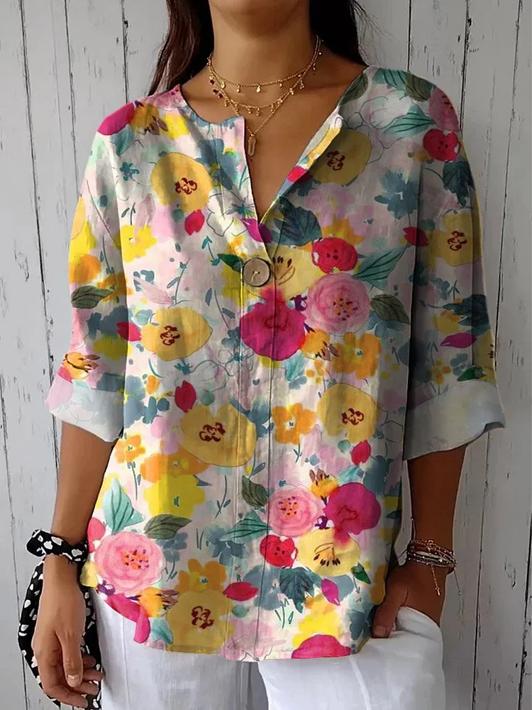 Women's Vintage Lovely Floral Art Print Casual Cotton Linen Shirt