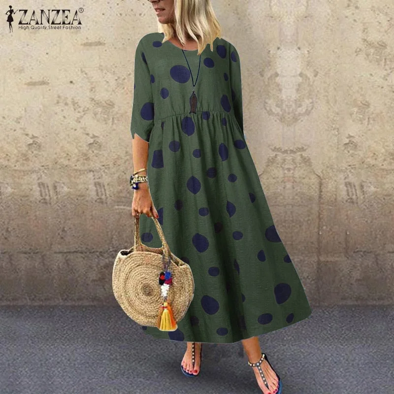 Autumn Summer Dress Women Vintage Vestidos ZANZEA 2022 Pleated Printed Long Maxi Dresses Tunic Party Femme 3/4 Sleeve